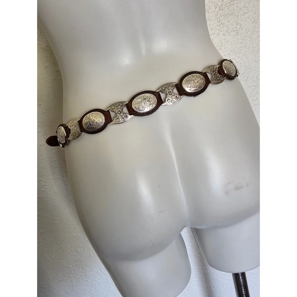Vintage Brown Leather Western Concho Belt Silver Engraved Floral Boho Womens 34